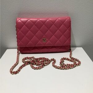 Chanel Quilted Lambskin Wallet On Chain, Bright Pink